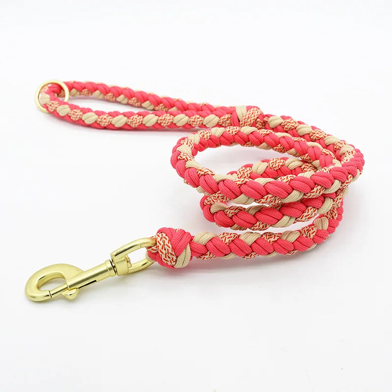 Pink and gold braided dog leash with a gold clasp on a white background