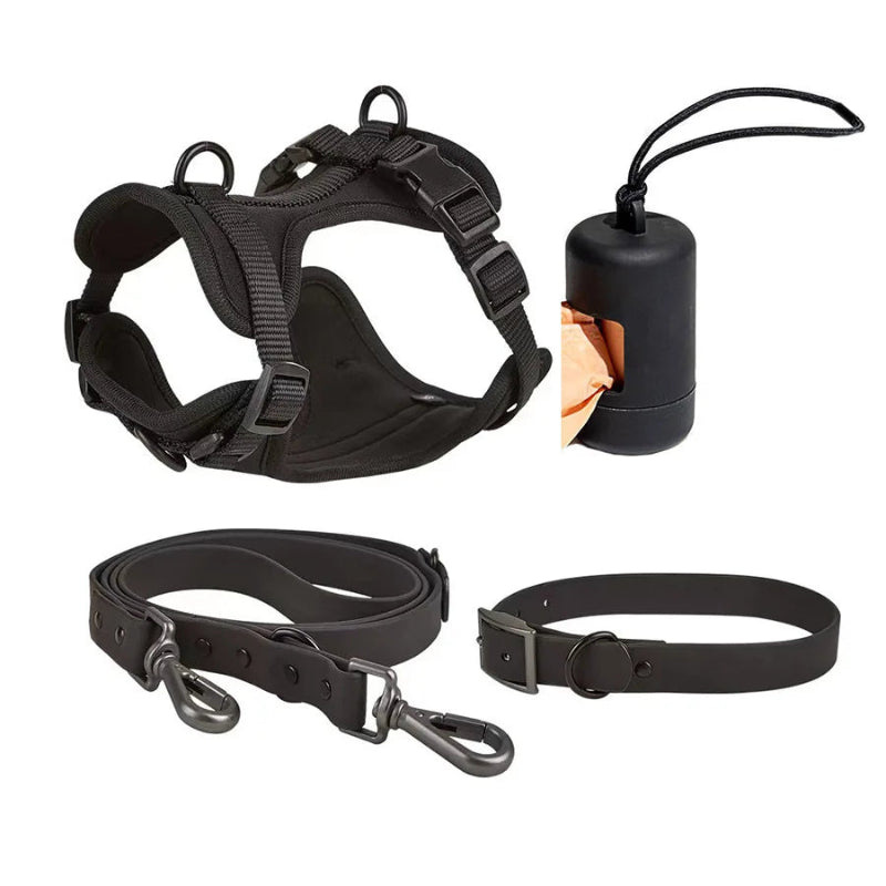 Dog harness, leash, and collar set on a white background