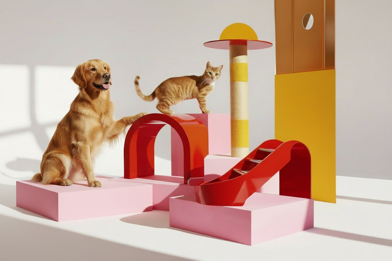 Dog and cat interacting with a colorful geometric play structure on a white background