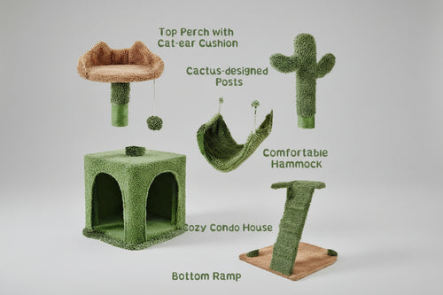 Diagram of a cat play structure with various features labeled.