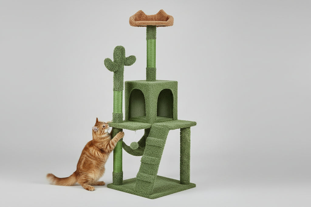 Two cats playing on a green cat tree with a window in the background